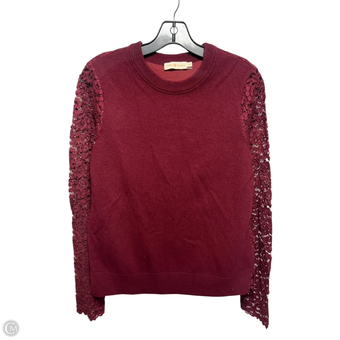 Lace & Merino Wool Top Long Sleeve Designer By Tory Burch In Maroon, Size: S