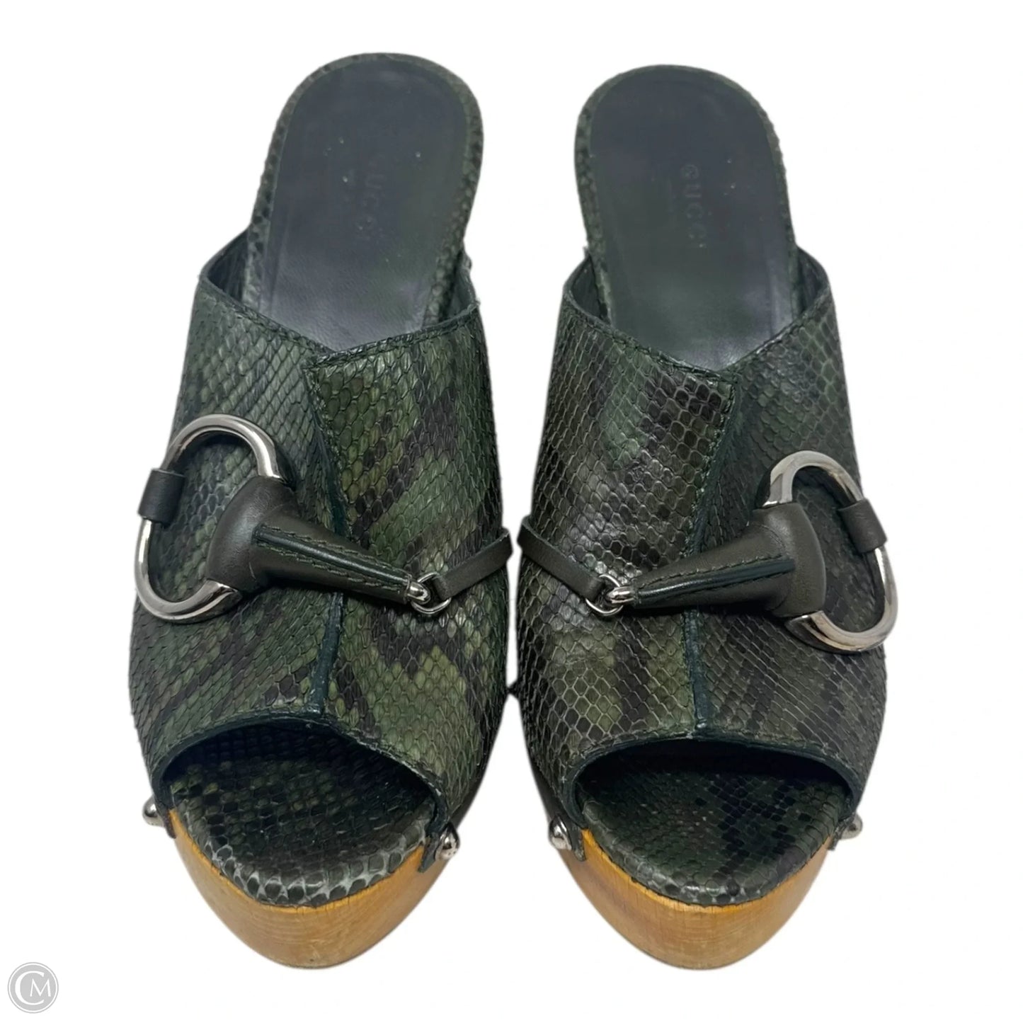 Python Buckle Peep Toe Wooden Heels Shoes Luxury Designer By Gucci In Snakeskin Print, Size: 9