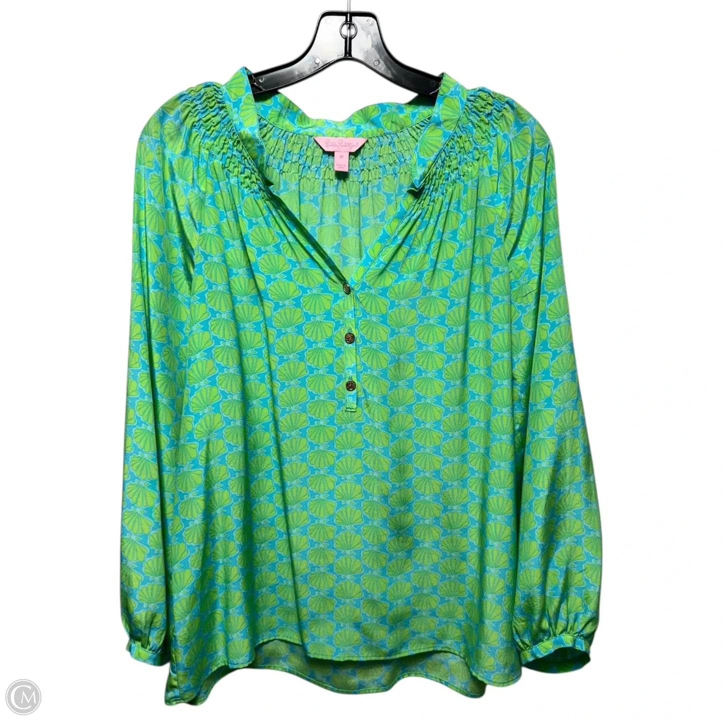 Silk Blouse Designer By Lilly Pulitzer In Blue & Green, Size: 10