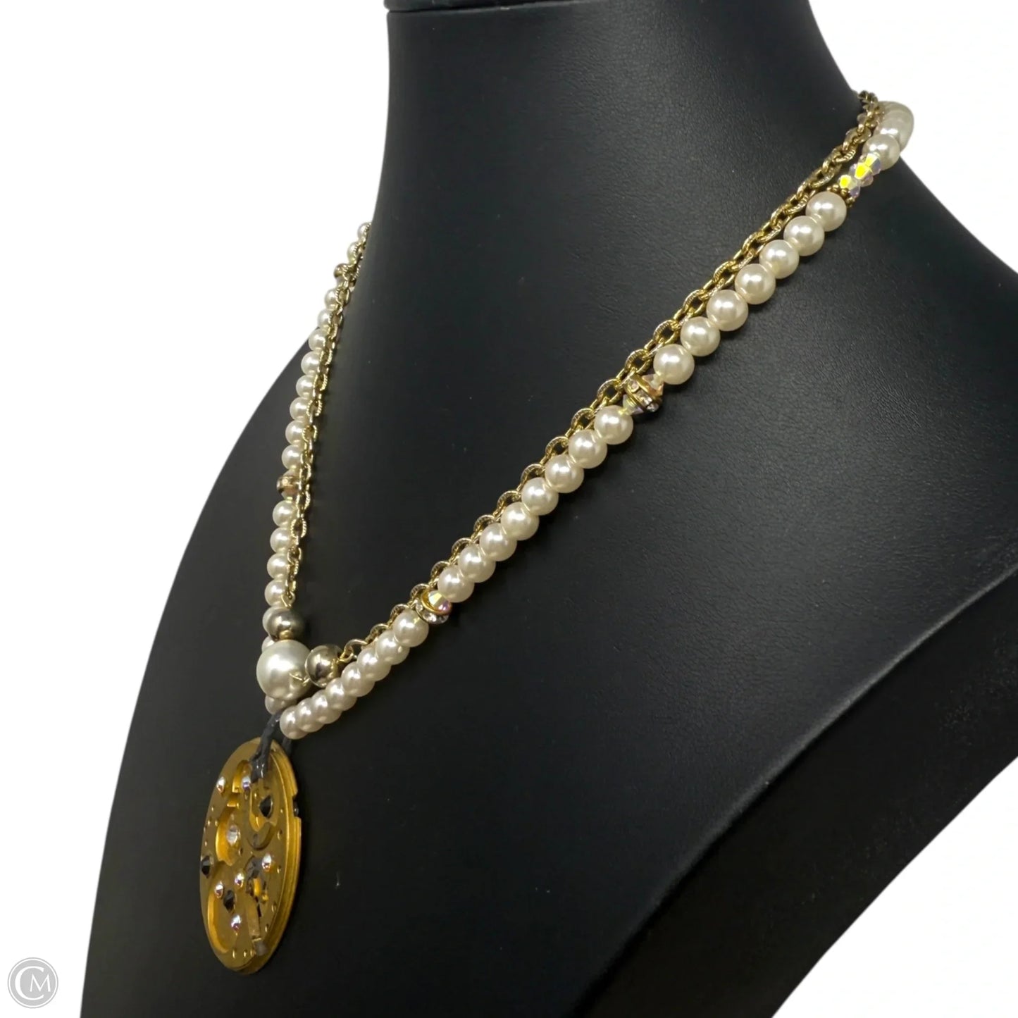 Steampunk Pearl Beaded Gear Pendant Statement Necklace With Magnetic Clasp