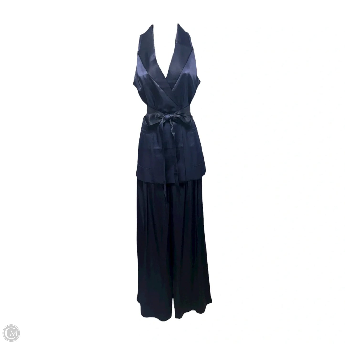 Tailored Satin Long Line Waist Coat with Wide Floor Length Trousers Set 2pc By Ted Baker In Navy, Size: 2