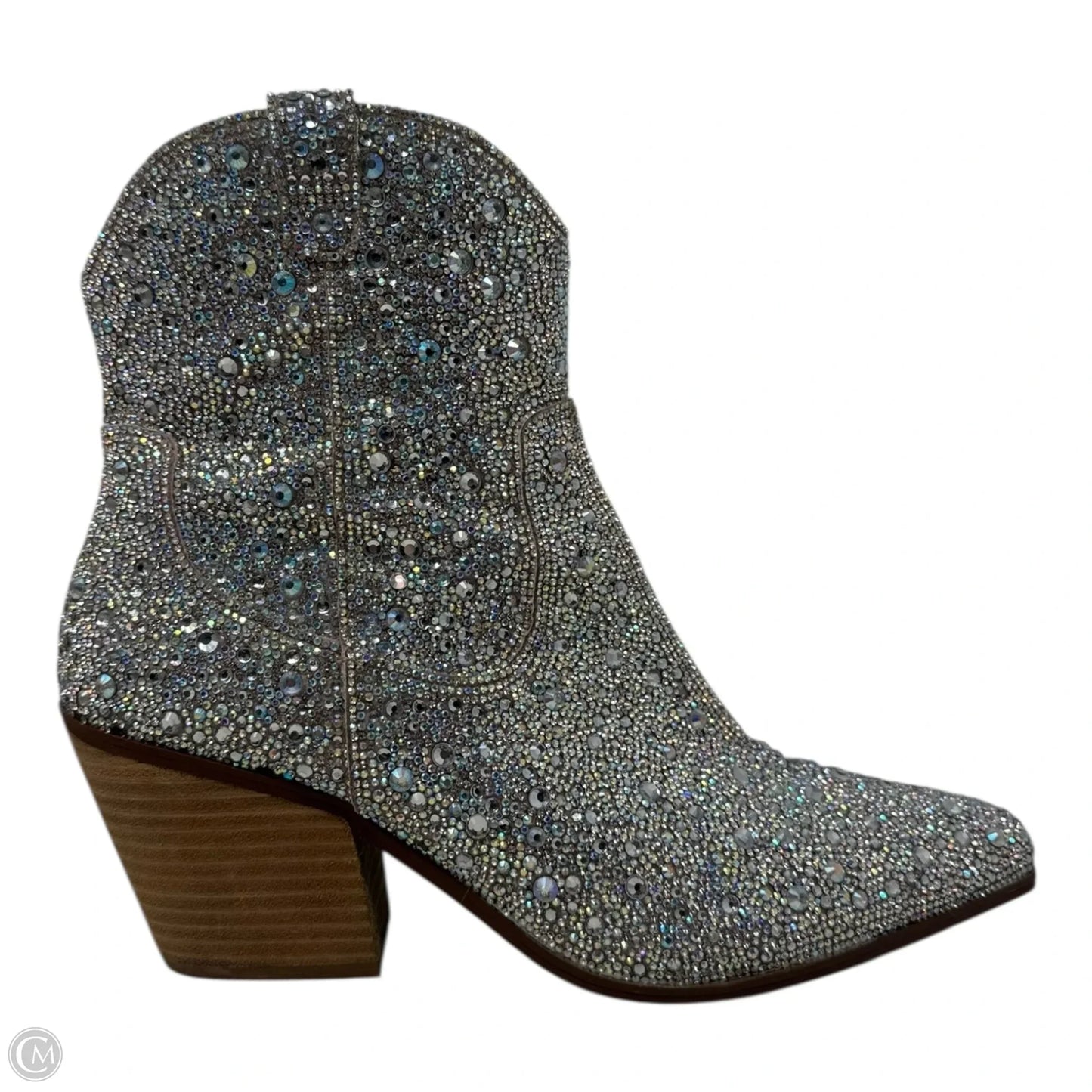 Diva Bedazzled Boots Ankle Heels By Betsey Johnson In Silver, Size: 9