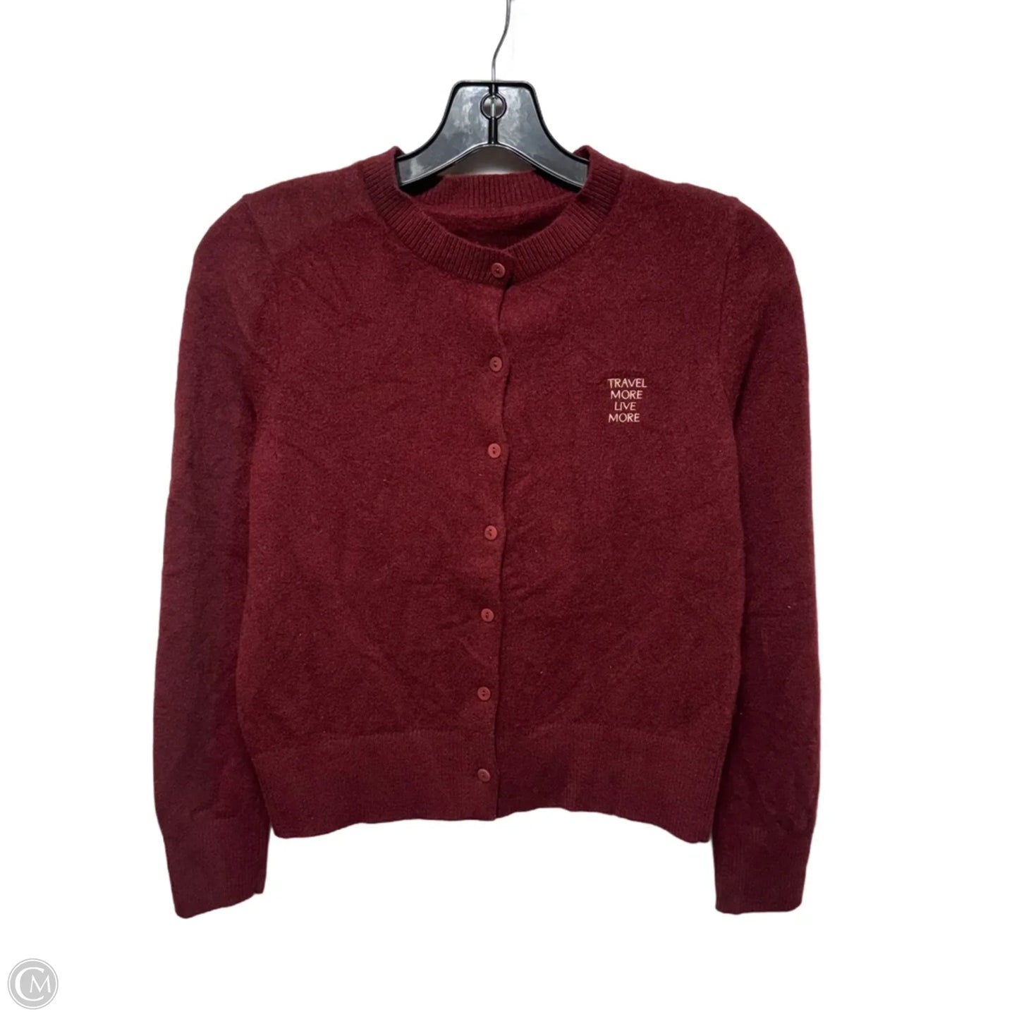 100% Wool Letter Embroidered Cardigan By Goelia In Maroon, Size: 6