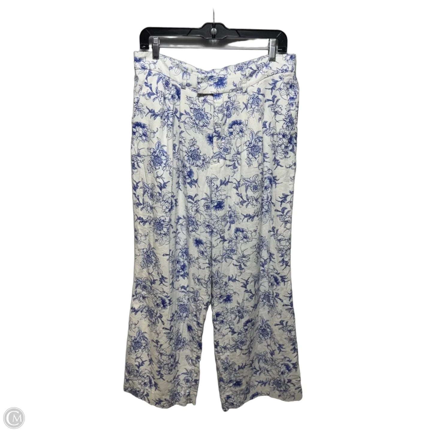 Floral Toile Linen Blend Wide Leg Pants Designer By Jason Wu In Blue & White, Size: 10