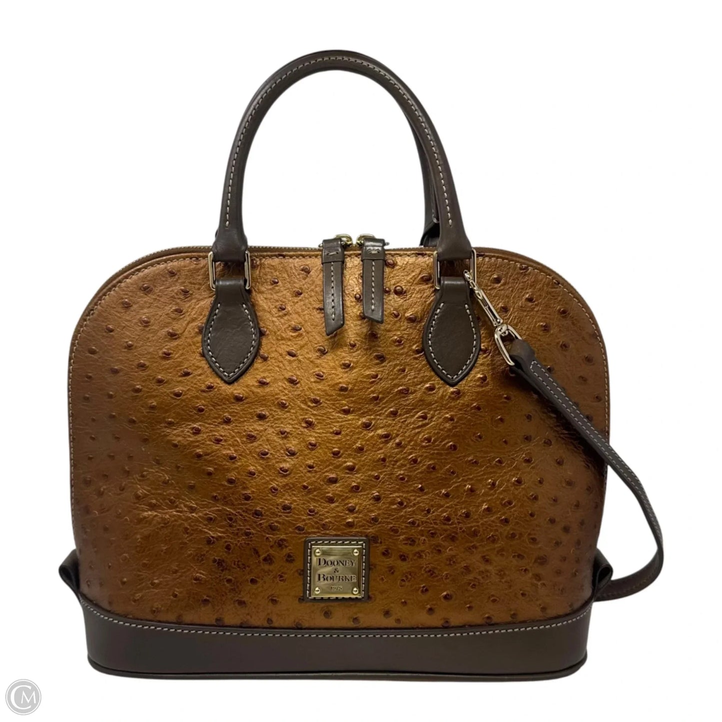 Zip Zip Ostrich Satchel Handbag Designer By Dooney And Bourke, Size: Medium