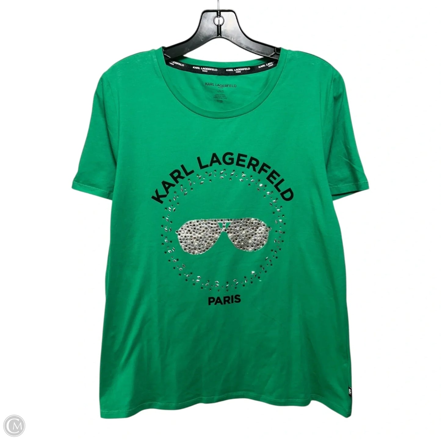 Embellished Top Short Sleeve Designer By Karl Lagerfeld In Green, Size: L