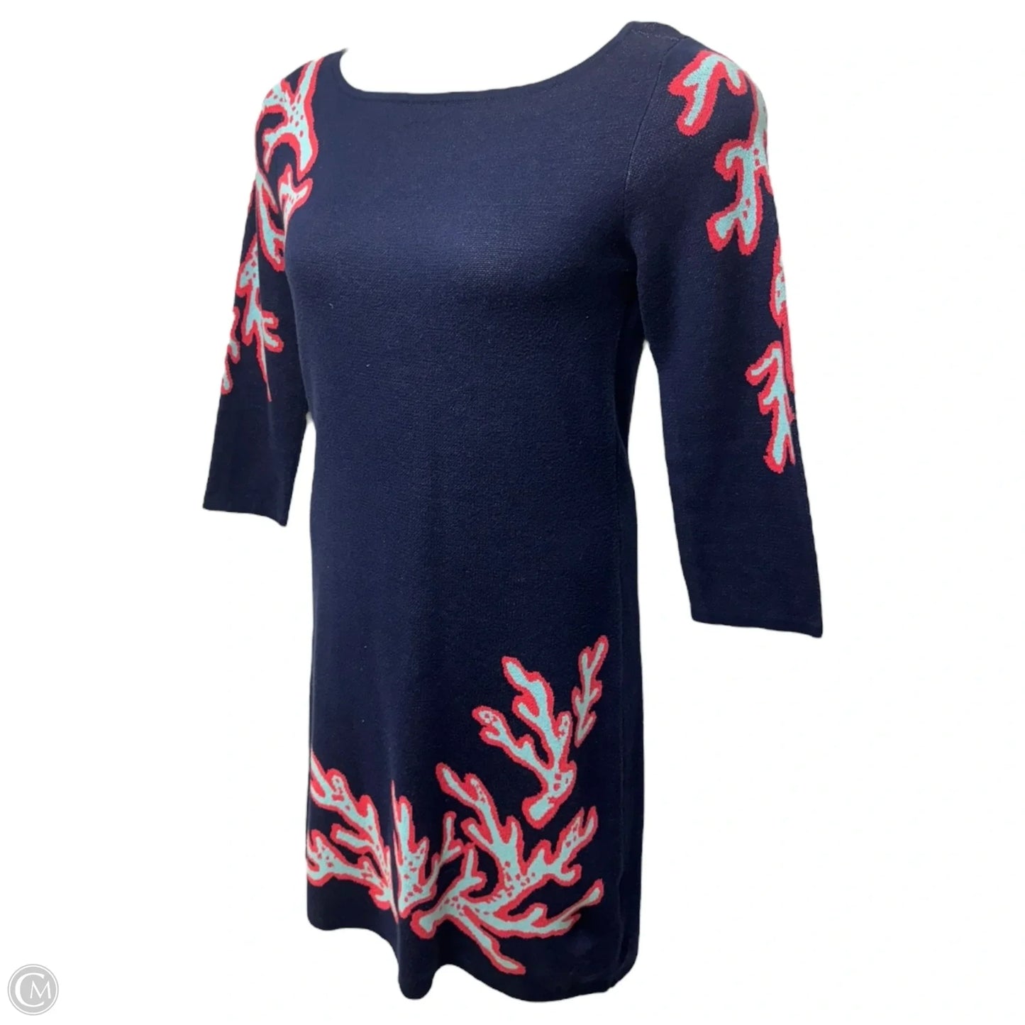Polly Sweater Shift Dress Designer By Lilly Pulitzer In True Navy Large Coral Jacquard, Size: M