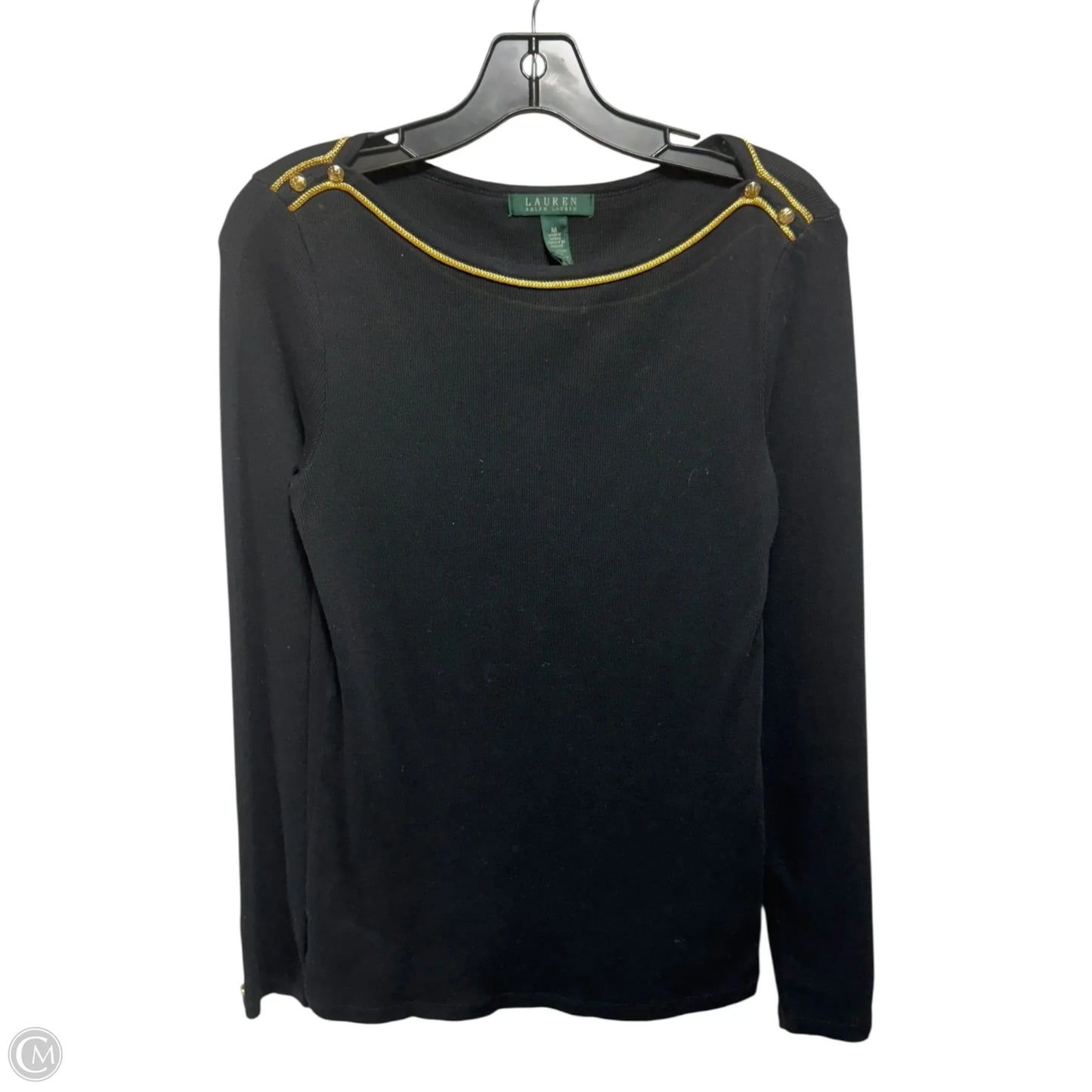 Gold Trim Ribbed Top Long Sleeve By Lauren By Ralph Lauren In Black & Gold, Size: M