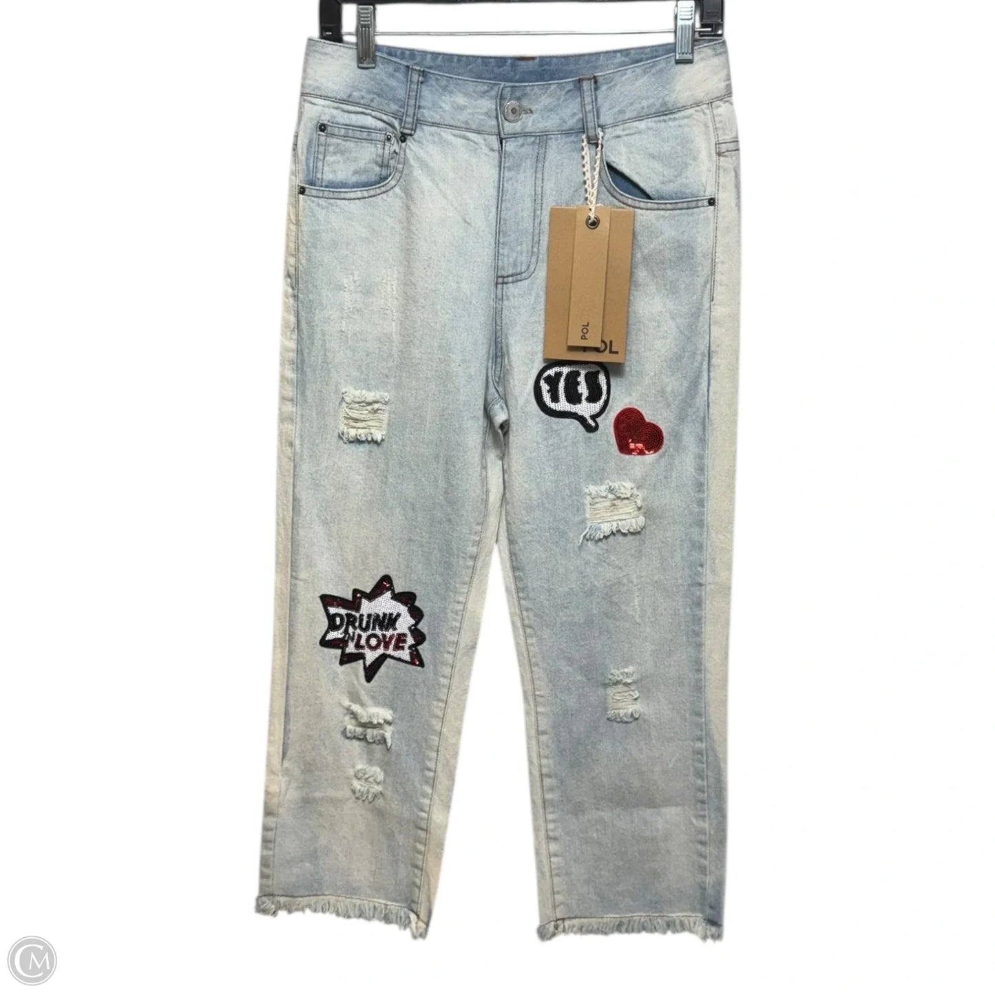 Sequin Patch Cropped Boyfriend Jeans By Pol In Blue Denim, Size: S