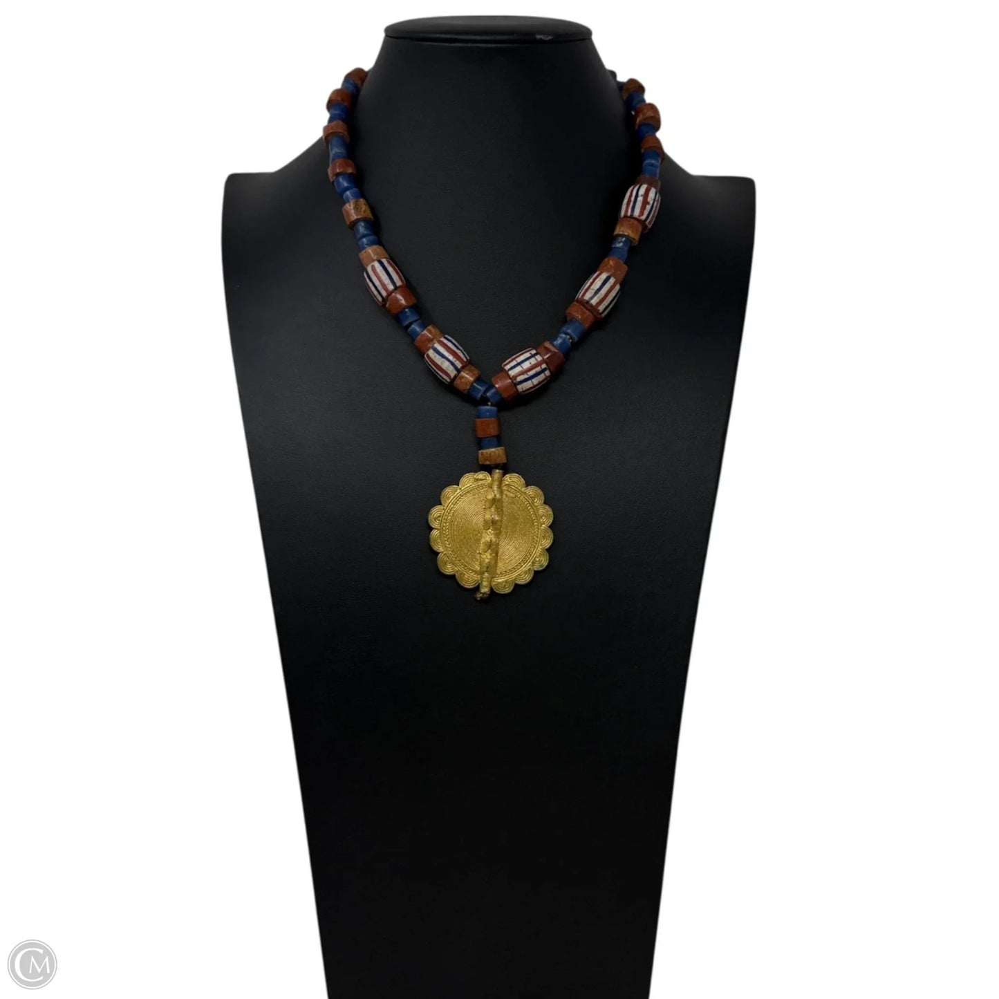 Stone Beaded Y Necklace With Gold Tone Medallion