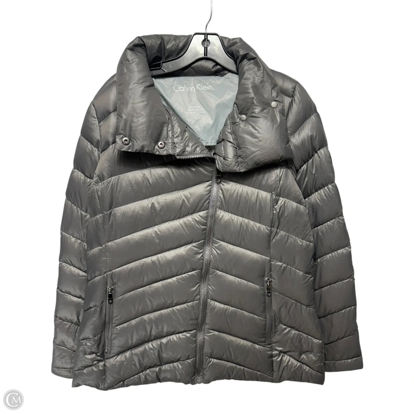 Packable Lightweight Down Jacket Puffer & Quilted By Calvin Klein In Grey, Size: L