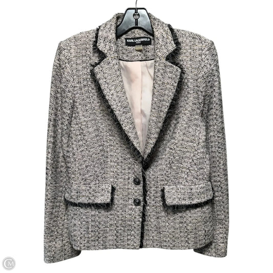 Fringe Trim Tweed Blazer Designer By Karl Lagerfeld In Black & Pink, Size: 6