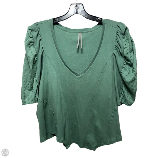 Puff-Sleeve Structured V-Neck Top By Anthropologie In Green, Size: 1X