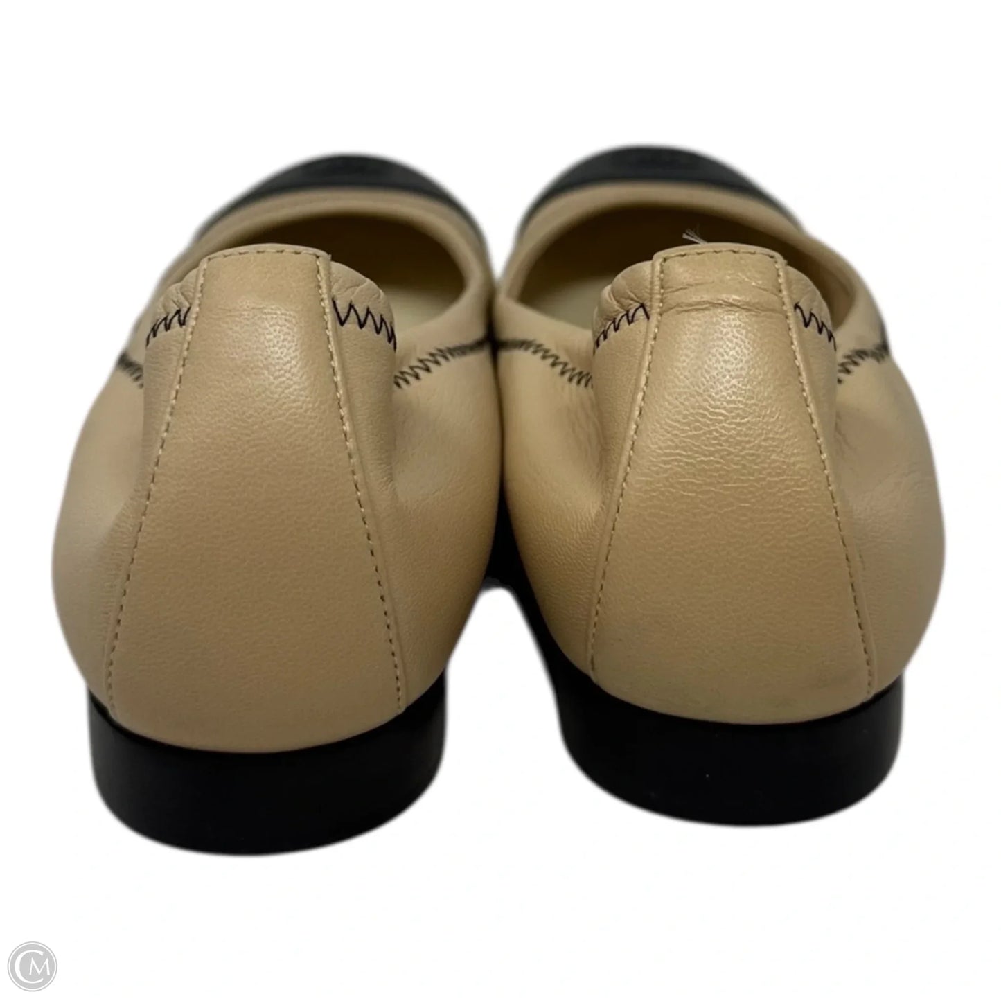 CC Leather Cap Toe Ballet Flats Shoes Luxury Designer By Chanel In Black & Tan, Size: 6.5