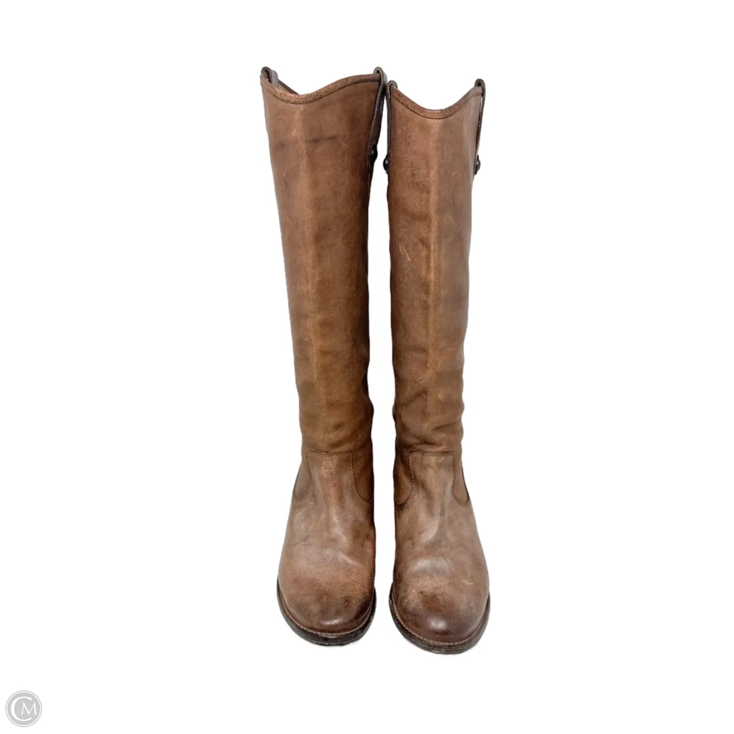 Jackie Button Knee-High Cowboy Boots Designer By Frye In Brown, Size: 10