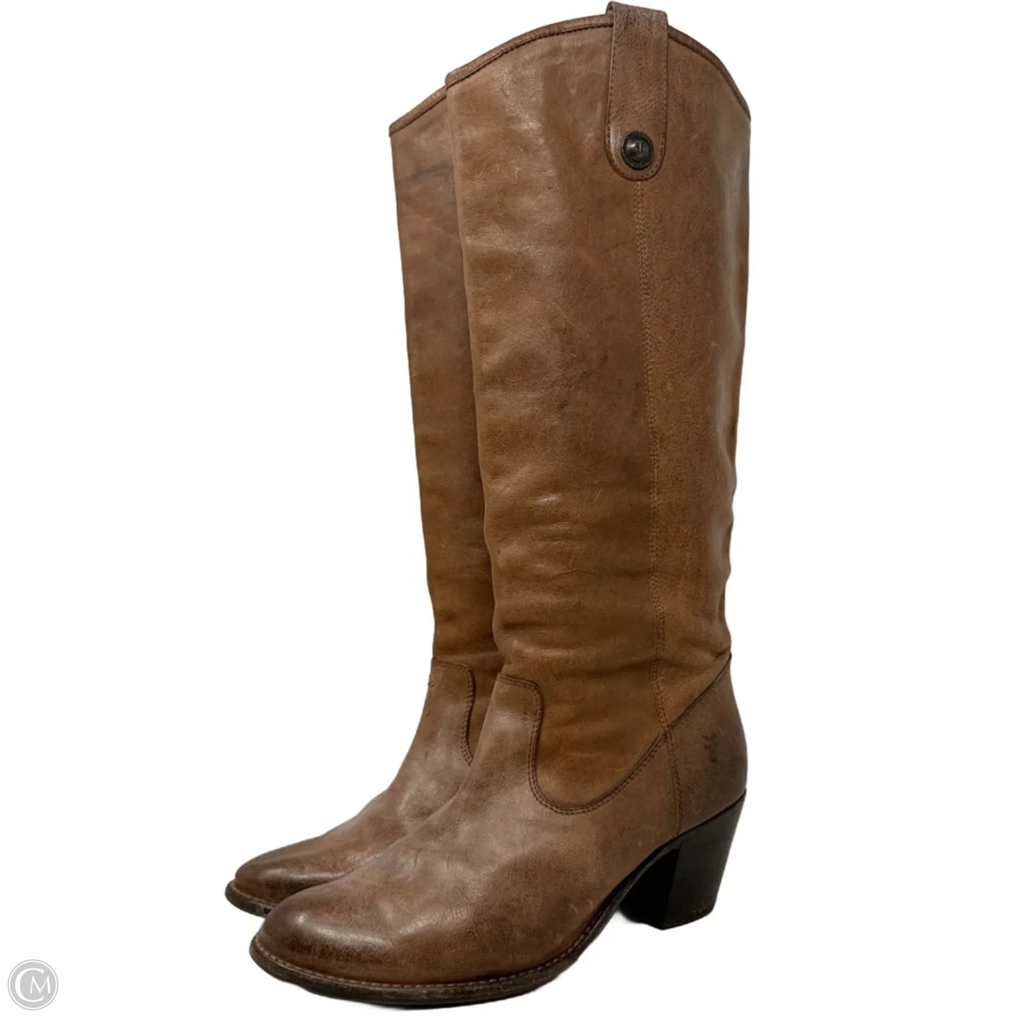 Jackie Button Knee-High Cowboy Boots Designer By Frye In Brown, Size: 10
