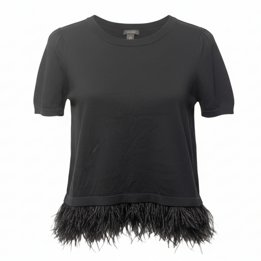 Merino Wool & Ostrich Feather Hem Short Sleeve Sweater By Halogen In Black, Size: S