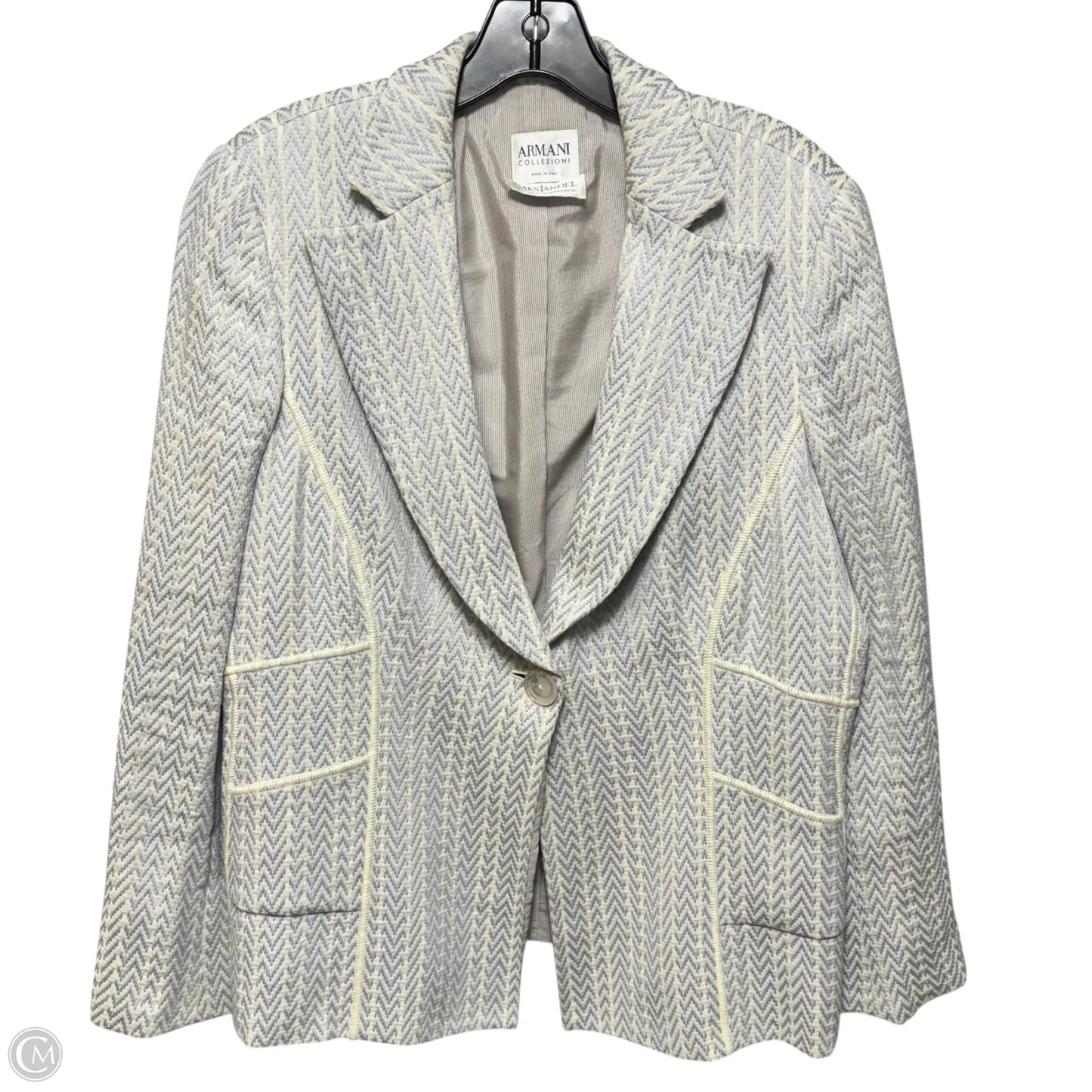Cotton & Linen Blazer Luxury Designer By Armani In Blue & Cream, Size: 16