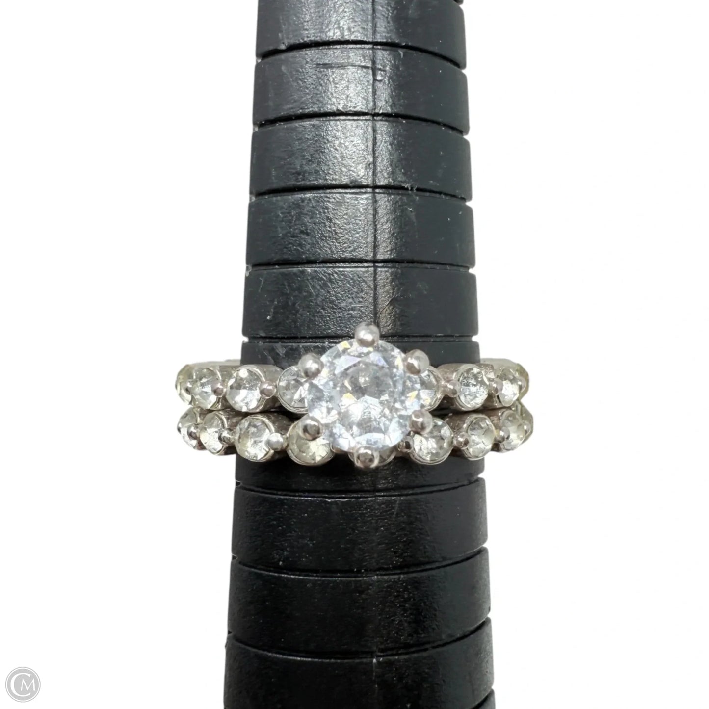 Silver Tone Clear Stone Wedding Band Set