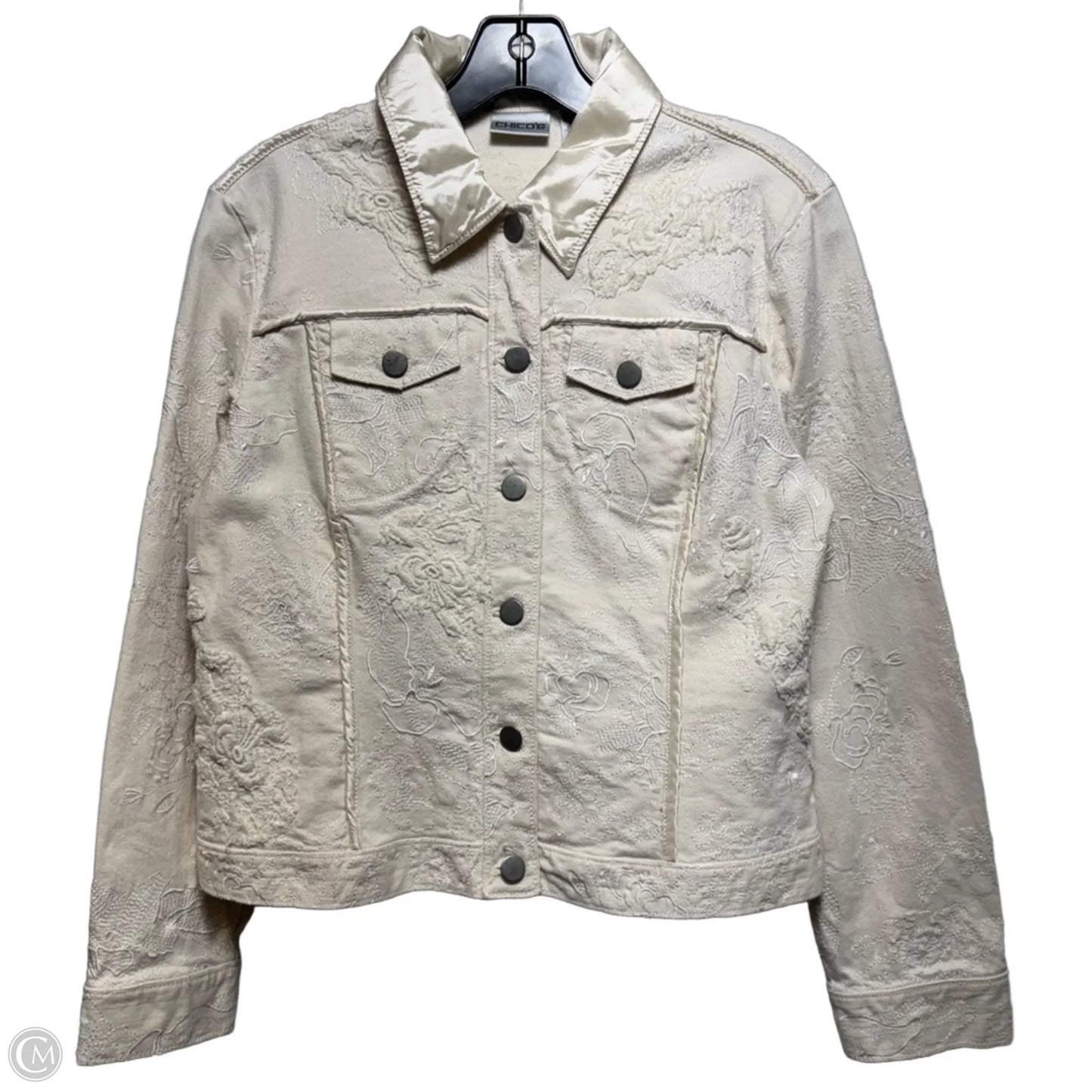 Jacket Denim By Chicos In White Denim, Size: 8
