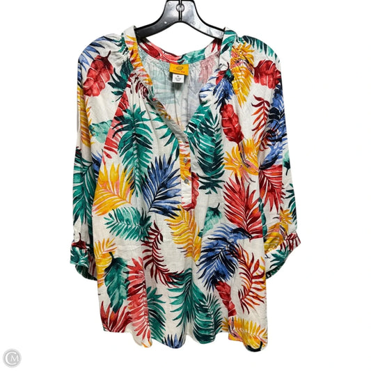 Linen Blend Top Long Sleeve By Ruby Rd In Tropical Print, Size: Xl