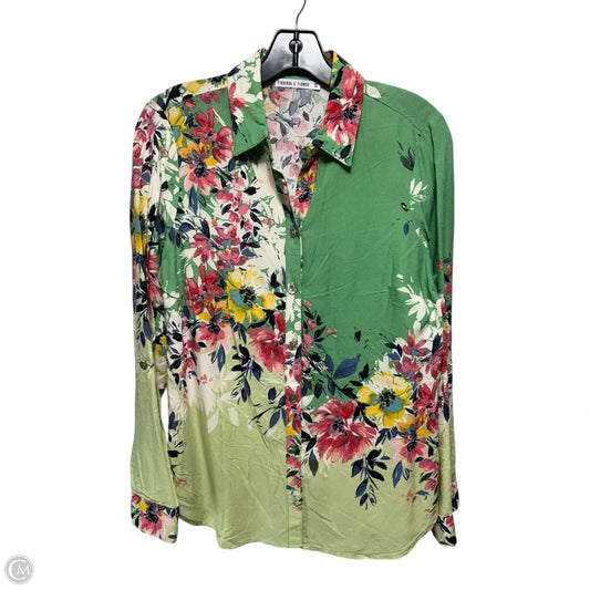 Woven Cherry Floral Point Collar Long Roll-Tab Sleeve Button-Front Blouse By Figueroa & Flower In Floral Print, Size: S