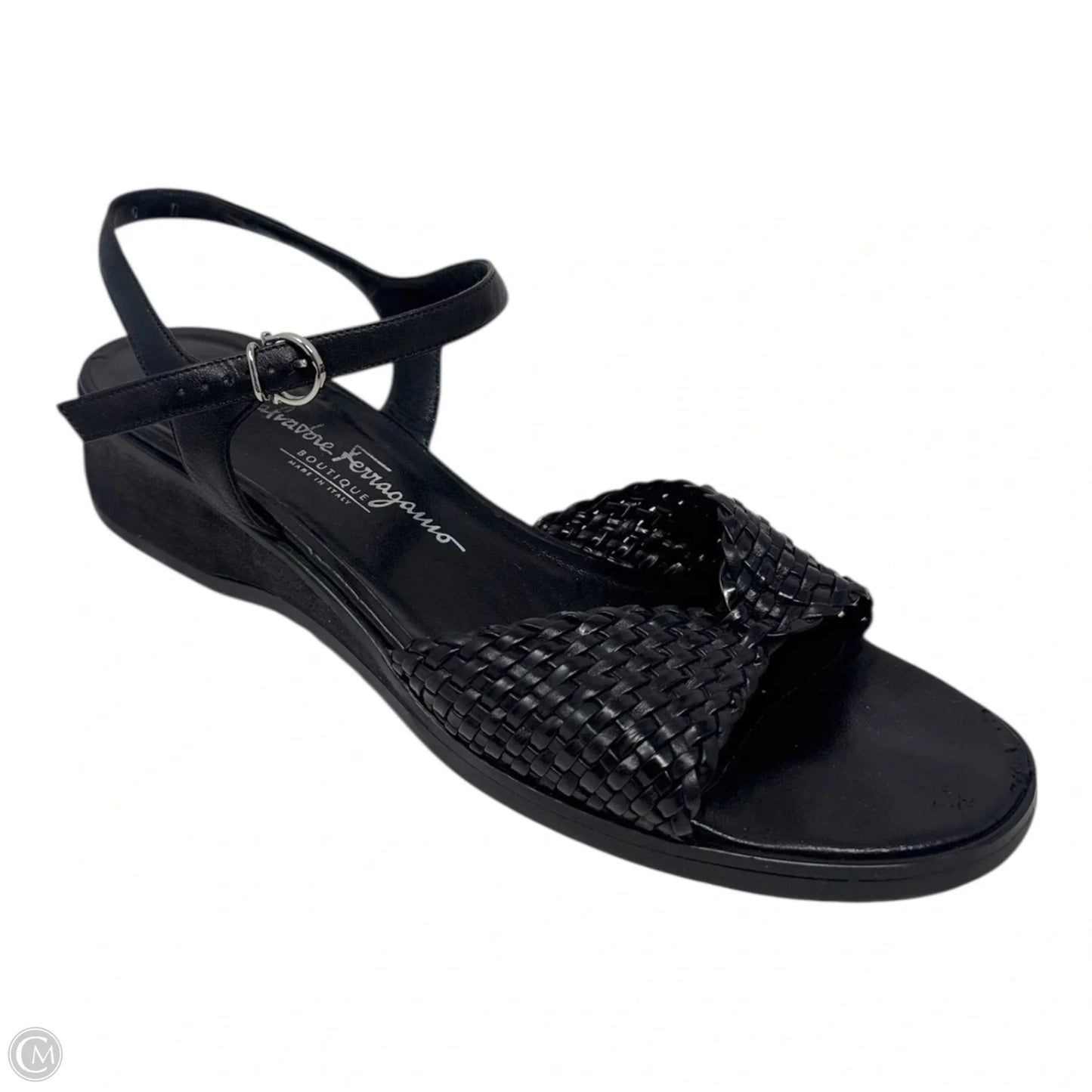 Woven Leather Ankle Strap Wedge Sandals Designer By Ferragamo In Black, Size: 9