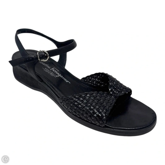 Woven Leather Ankle Strap Wedge Sandals Designer By Ferragamo In Black, Size: 9