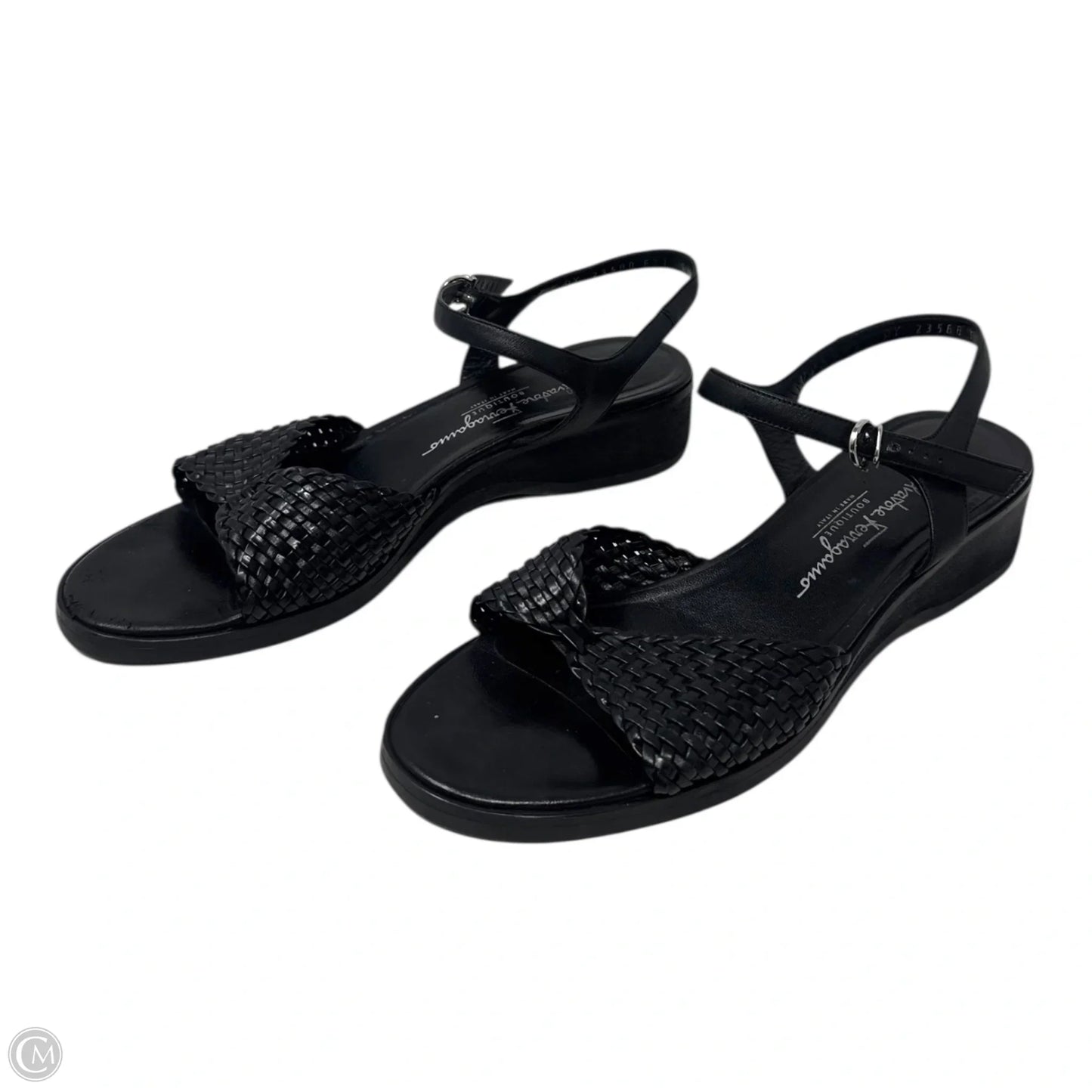 Woven Leather Ankle Strap Wedge Sandals Designer By Ferragamo In Black, Size: 9