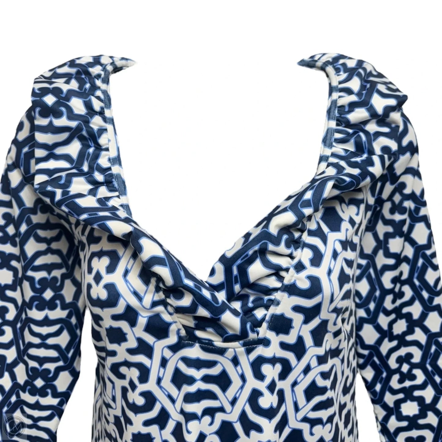 Ruffle Neck Dress Casual Short By Gretchen Scott In Blue & White, Size: S