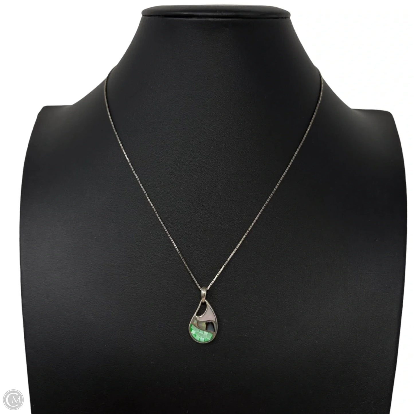 Vintage Sterling Silver 925 Mosaic Inlay Teardrop Pendant Necklace