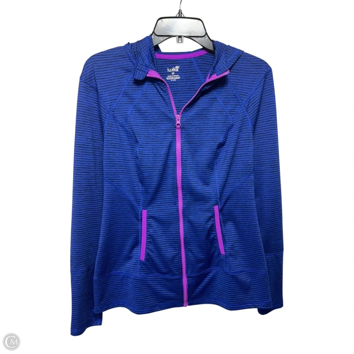 Hooded Full Zip Athletic Jacket By Lukka In Blue, Size: M