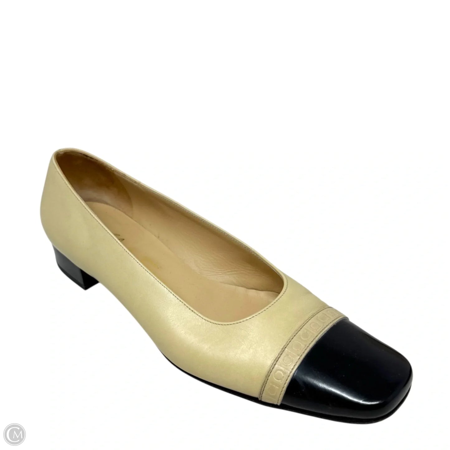 Marissa Leather Cap Toe Pumps Luxury Designer By Ferragamo In Black & Cream, Size: 8