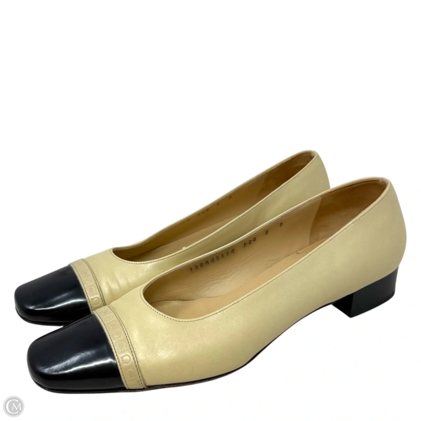 Marissa Leather Cap Toe Pumps Luxury Designer By Ferragamo In Black & Cream, Size: 8