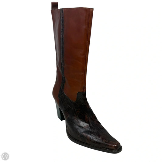 Cassidy Tooled Italian Leather Midcalf Heeled Boots By Antonio Melani In Brown, Size: 9.5
