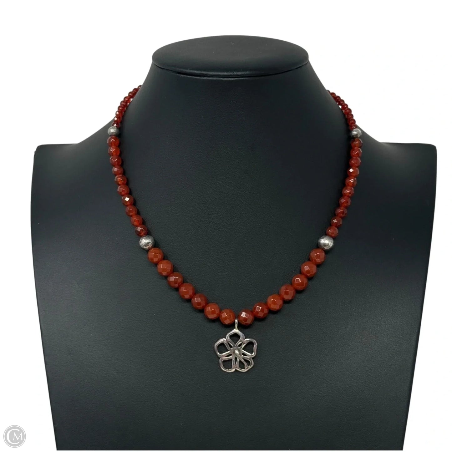 Sterling Silver & Carnelian Beaded Flower Pended Necklace