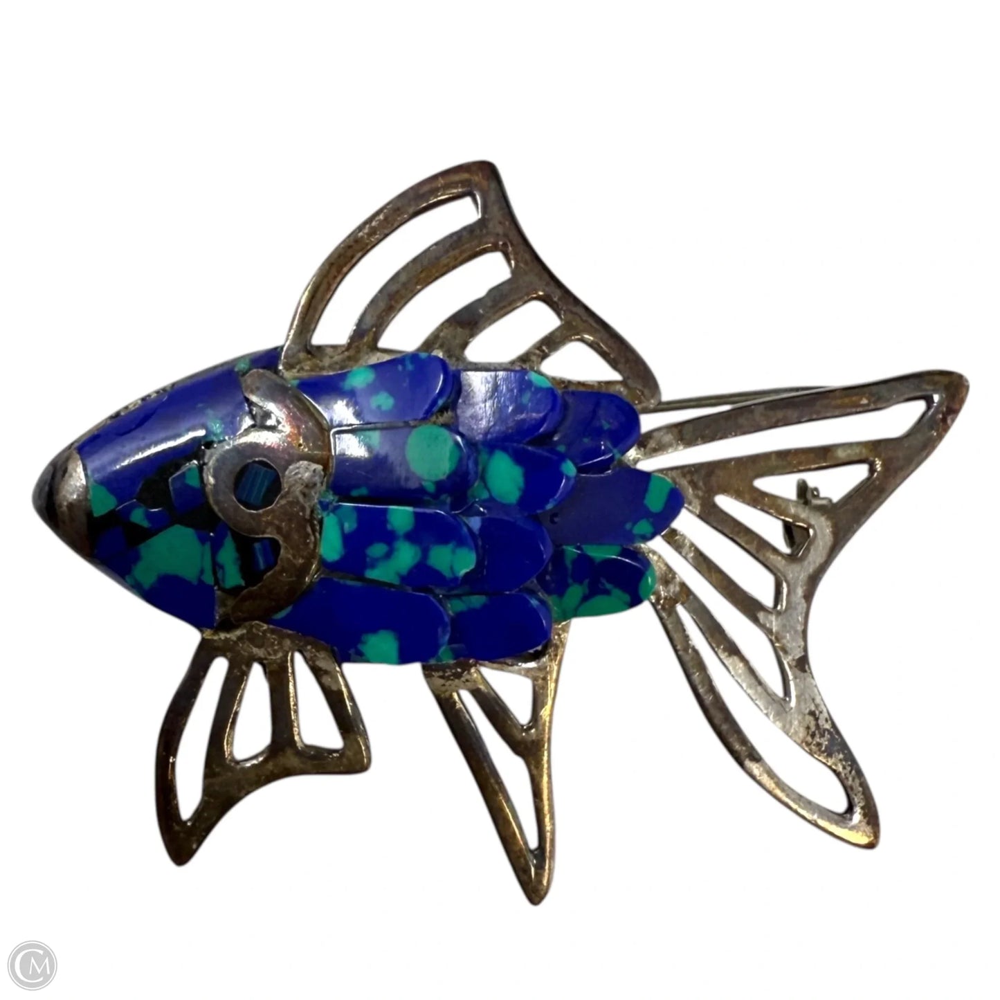 Vintage Mexico Azurite & Sterling Silver Fish Pin