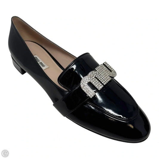 Vernice Crystal Logo Patent Loafers Luxury Designer By Miu Miu In Black, Size: 11 (IT 41)