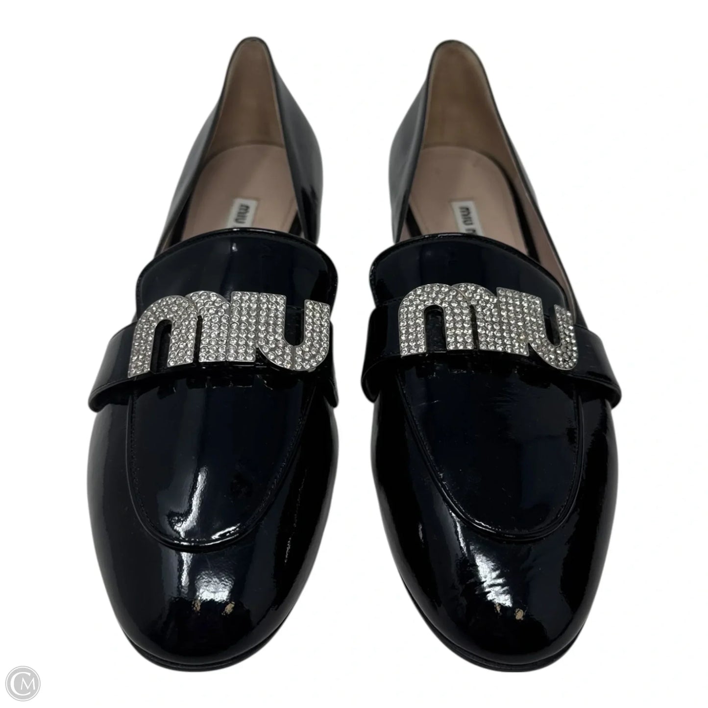 Vernice Crystal Logo Patent Loafers Luxury Designer By Miu Miu In Black, Size: 11 (IT 41)