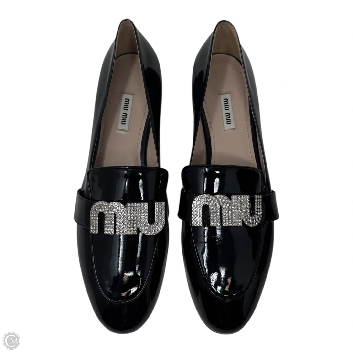 Vernice Crystal Logo Patent Loafers Luxury Designer By Miu Miu In Black, Size: 11 (IT 41)