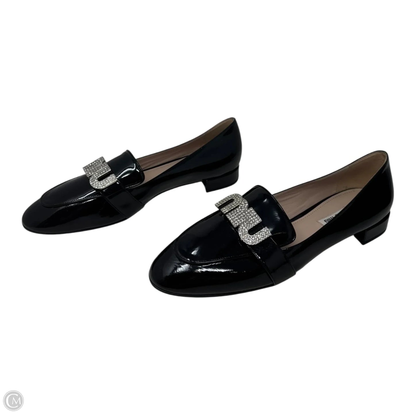 Vernice Crystal Logo Patent Loafers Luxury Designer By Miu Miu In Black, Size: 11 (IT 41)