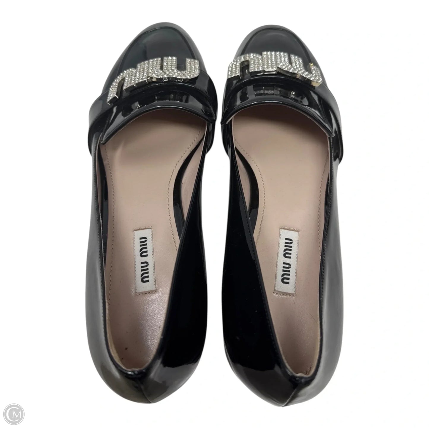 Vernice Crystal Logo Patent Loafers Luxury Designer By Miu Miu In Black, Size: 11 (IT 41)
