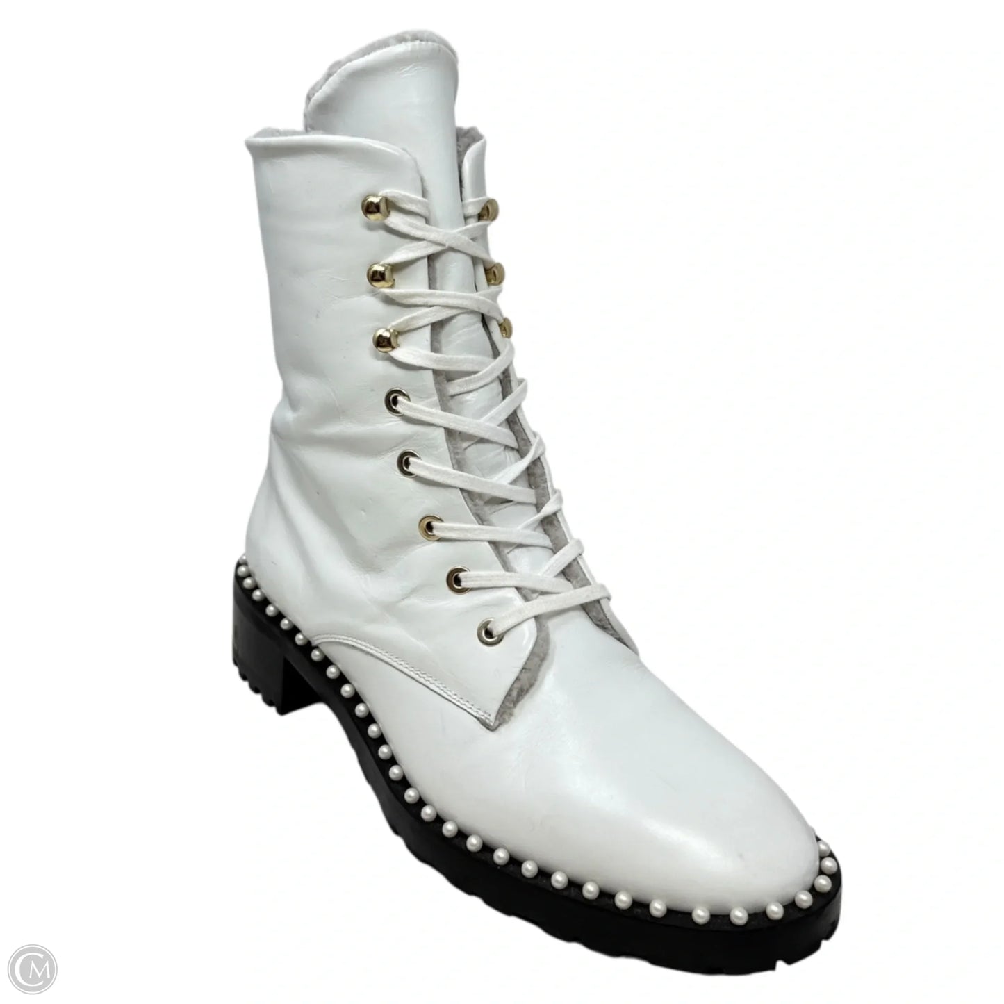Sondra Nulogo Pearl Embellished Booties Designer By Stuart Weitzman In White, Size: 8