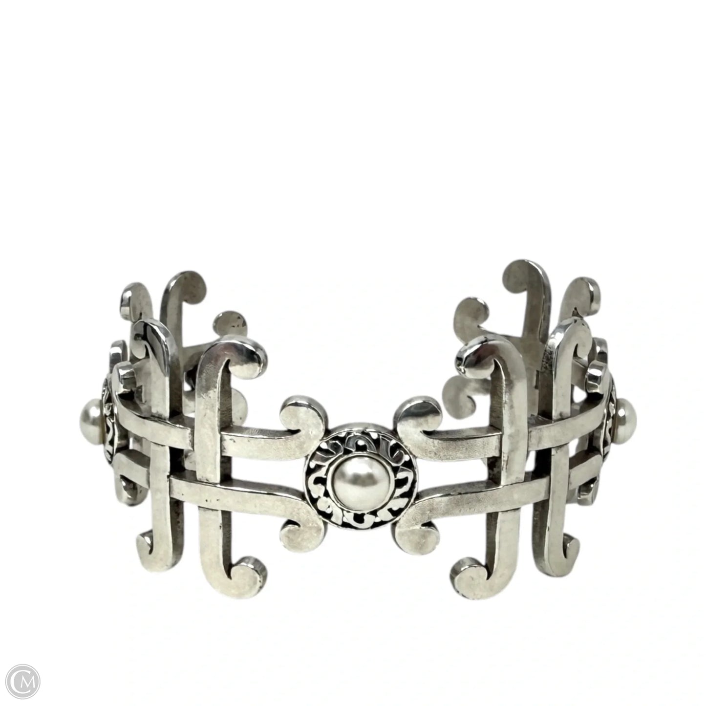 Taos Silver Tone Pearl Cross Link Wide Cuff Bracelet By Brighton