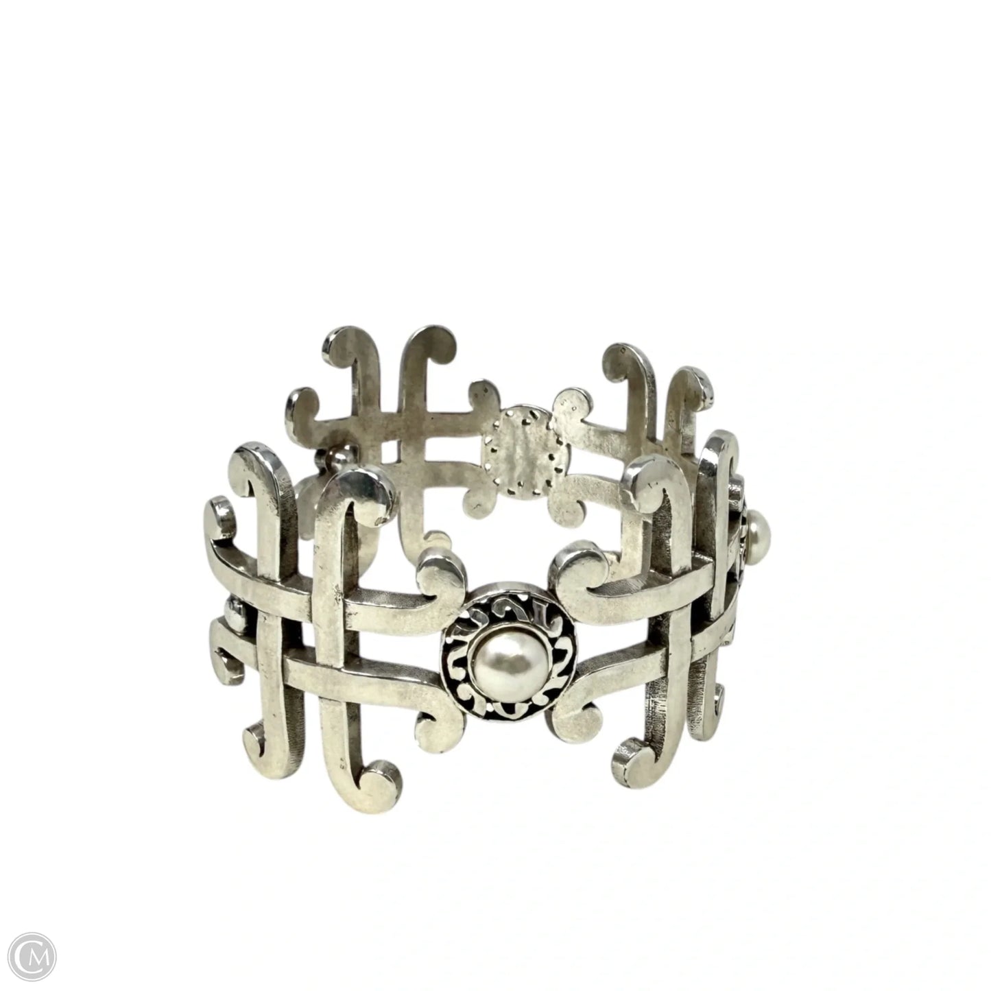 Taos Silver Tone Pearl Cross Link Wide Cuff Bracelet By Brighton