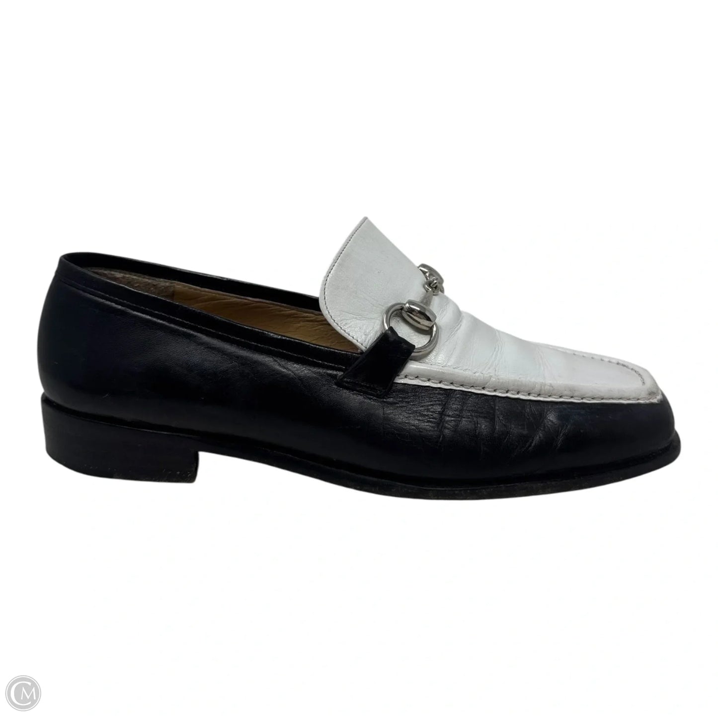 AS IS Vintage Two Tone Horsebit Loafers Shoes Luxury Designer By Gucci In Black & White, Size: 7.5