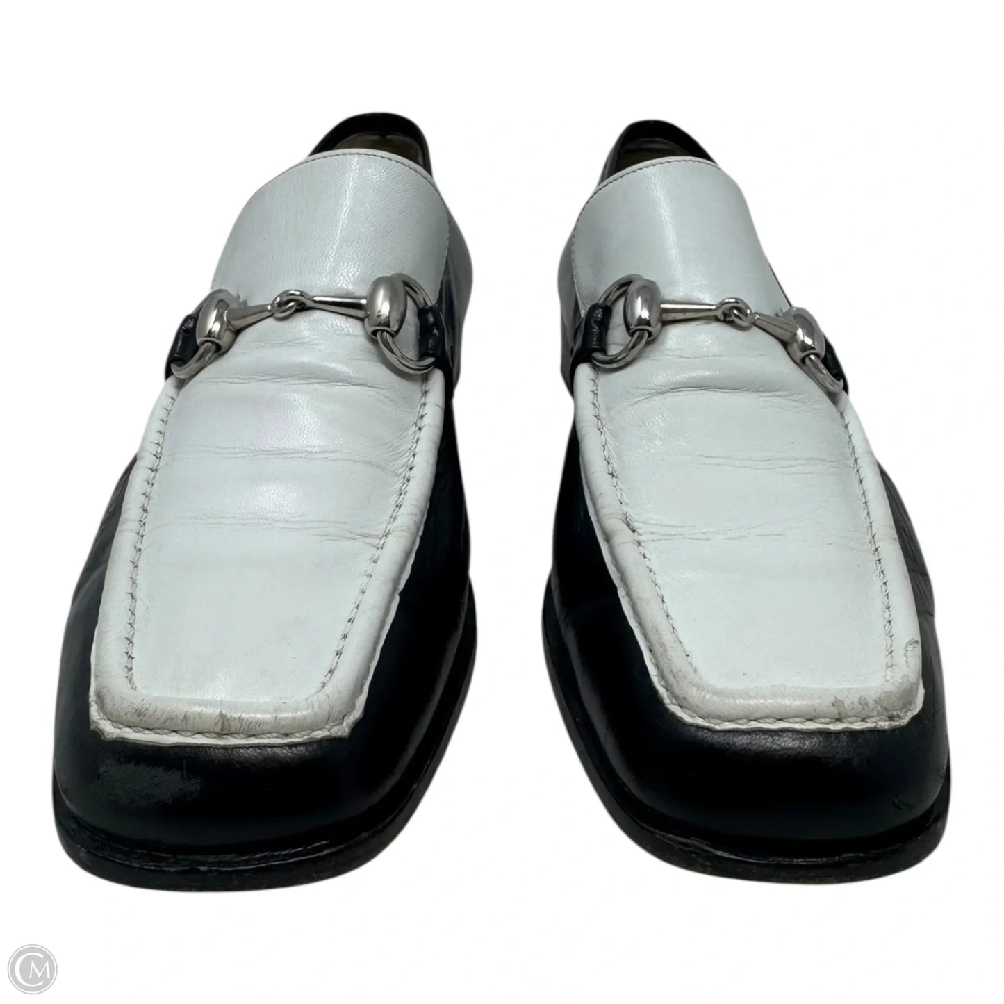 AS IS Vintage Two Tone Horsebit Loafers Shoes Luxury Designer By Gucci In Black & White, Size: 7.5