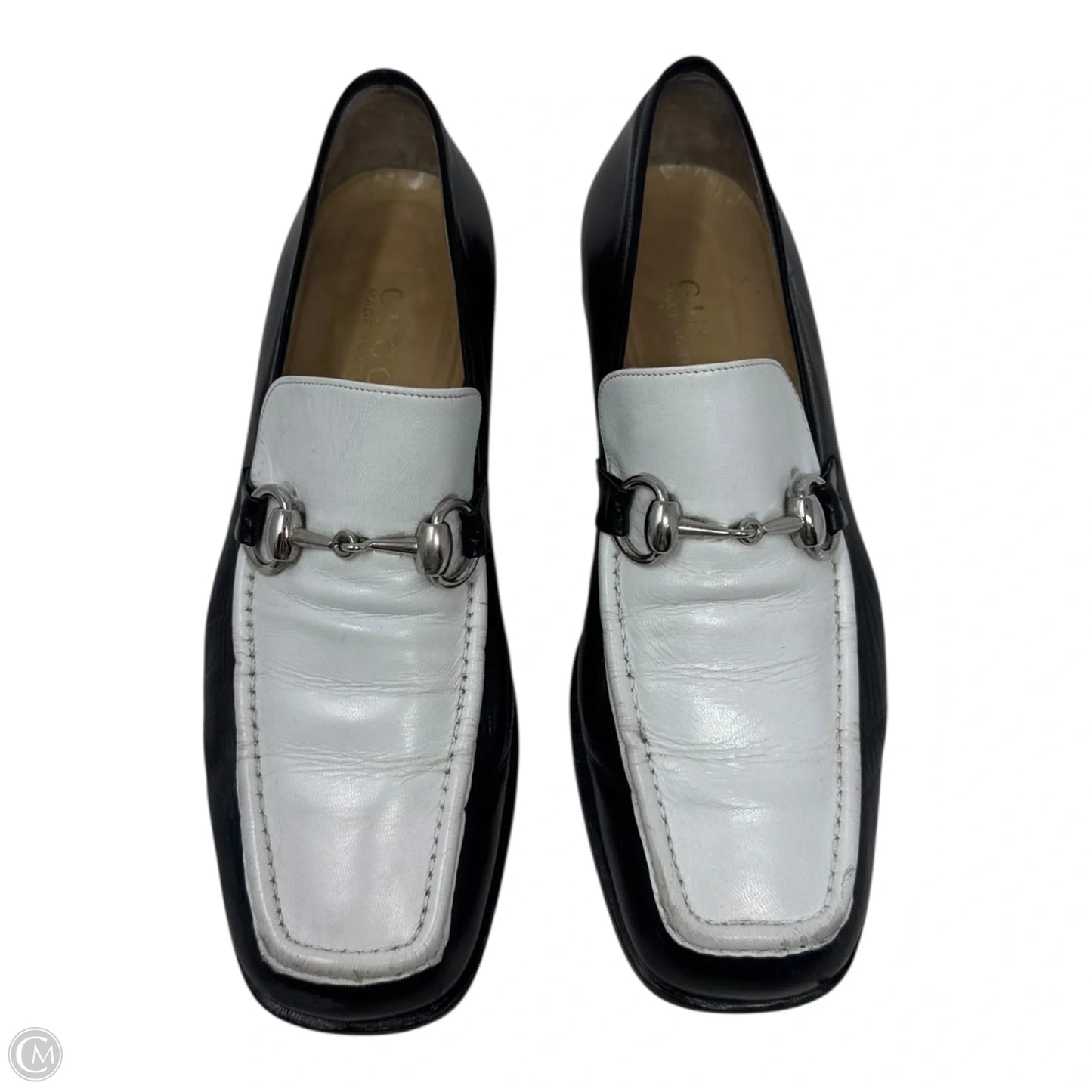 AS IS Vintage Two Tone Horsebit Loafers Shoes Luxury Designer By Gucci In Black & White, Size: 7.5