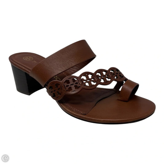 Tiny Miller Toe Ring High Block Sandals Designer By Tory Burch In Brown, Size: 7.5
