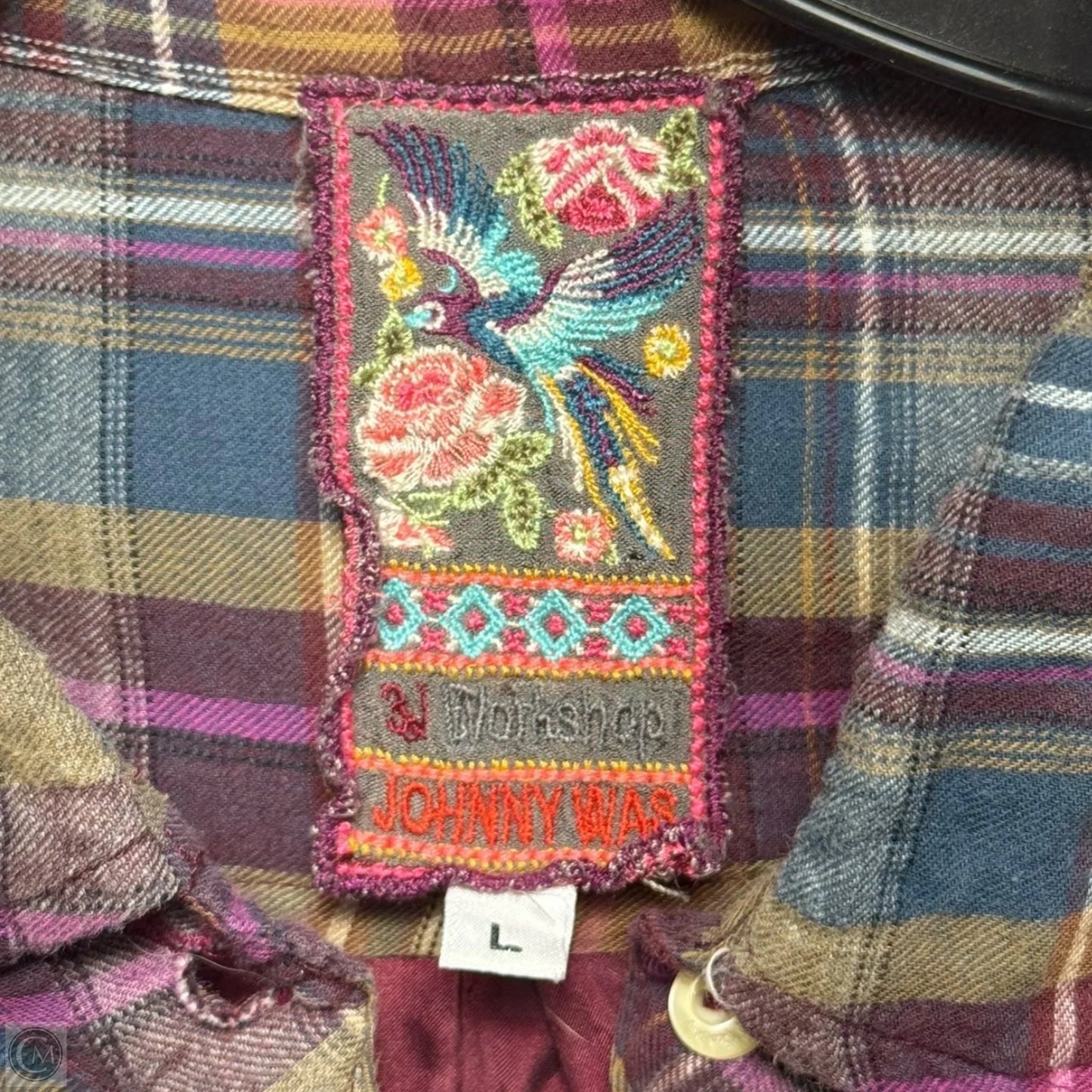 Lorie Silk Trim Embroidered Button Down Top By Johnny Was In Plaid Pattern, Size: L